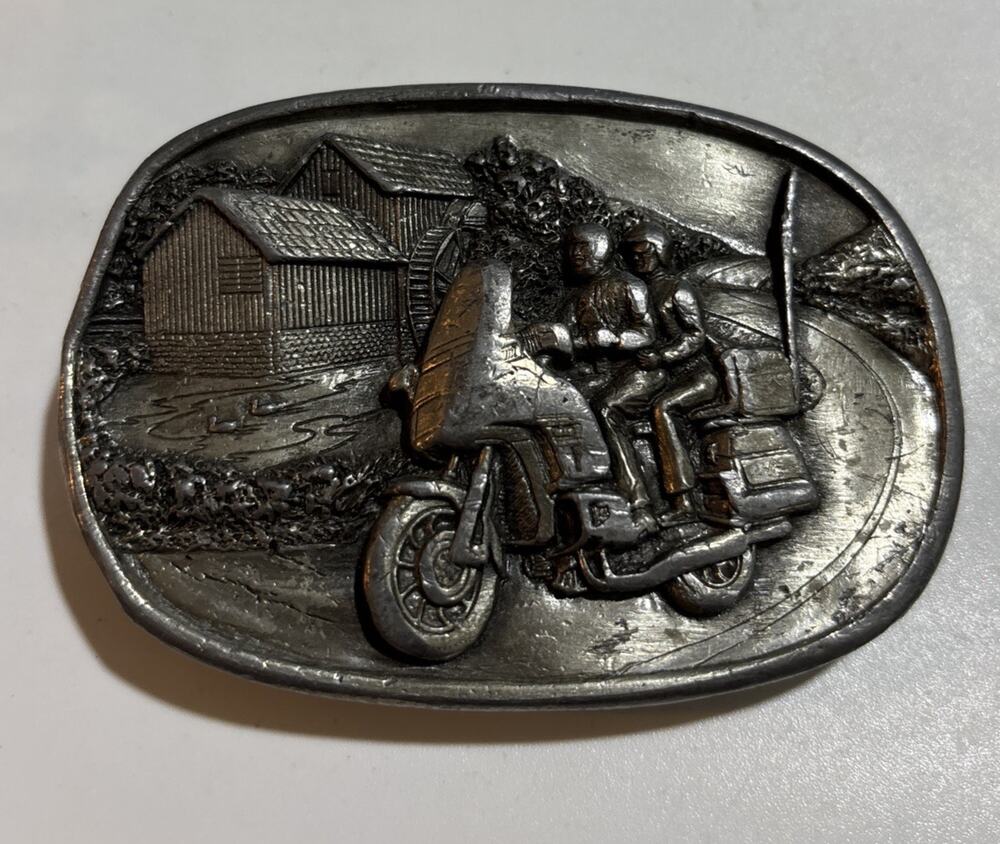 Vintage Bergamot 1984 Biker Motorcycle Couple Riding Through Hills Buckle 3”
